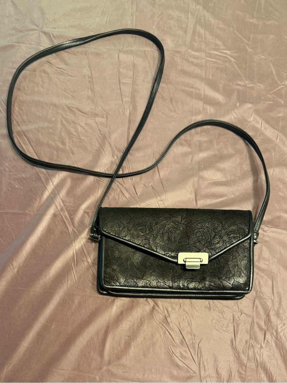 Vintage 2010 Roche Black Floral-Stamped Asymmetrical Leather Crossbody Bag - Picture 2 of 16